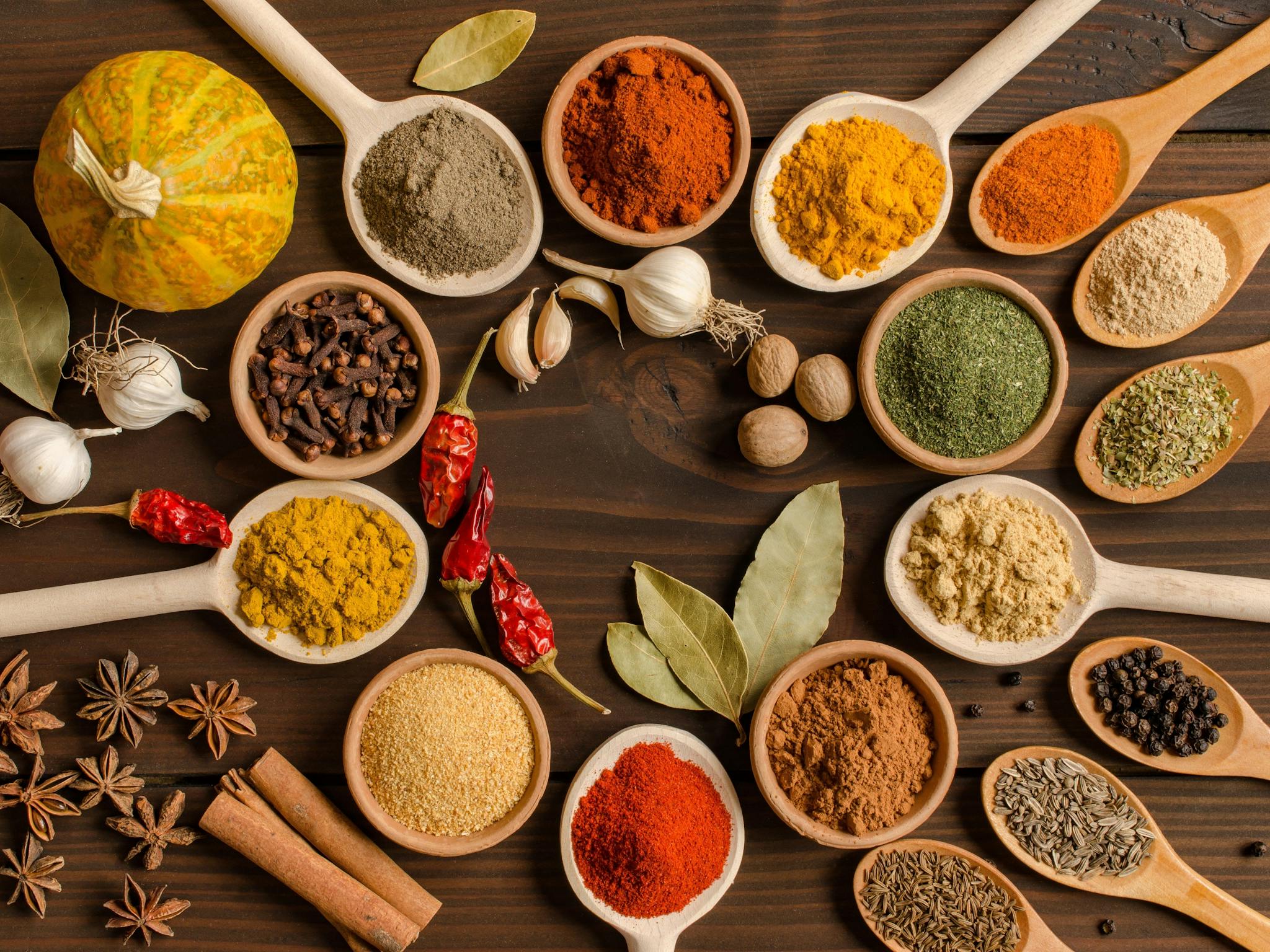 Numerous spices by the spoonful to enhance any meal.
