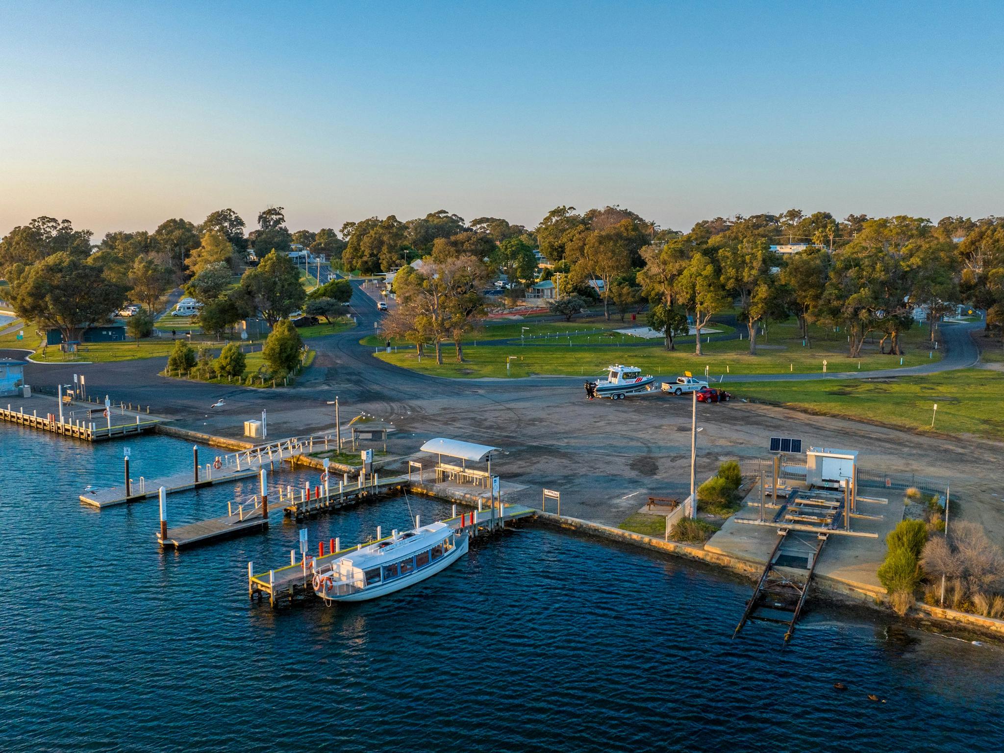 Boat ramp, jetty and parking area in the holiday park