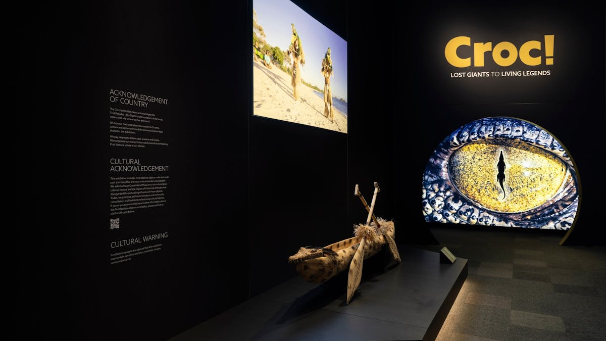 A carved canoe displayed on a low plinth at the entry to an exhibition about crocodiles A carved canoe displayed on a low plinth at the entry to an exhibition about crocodiles