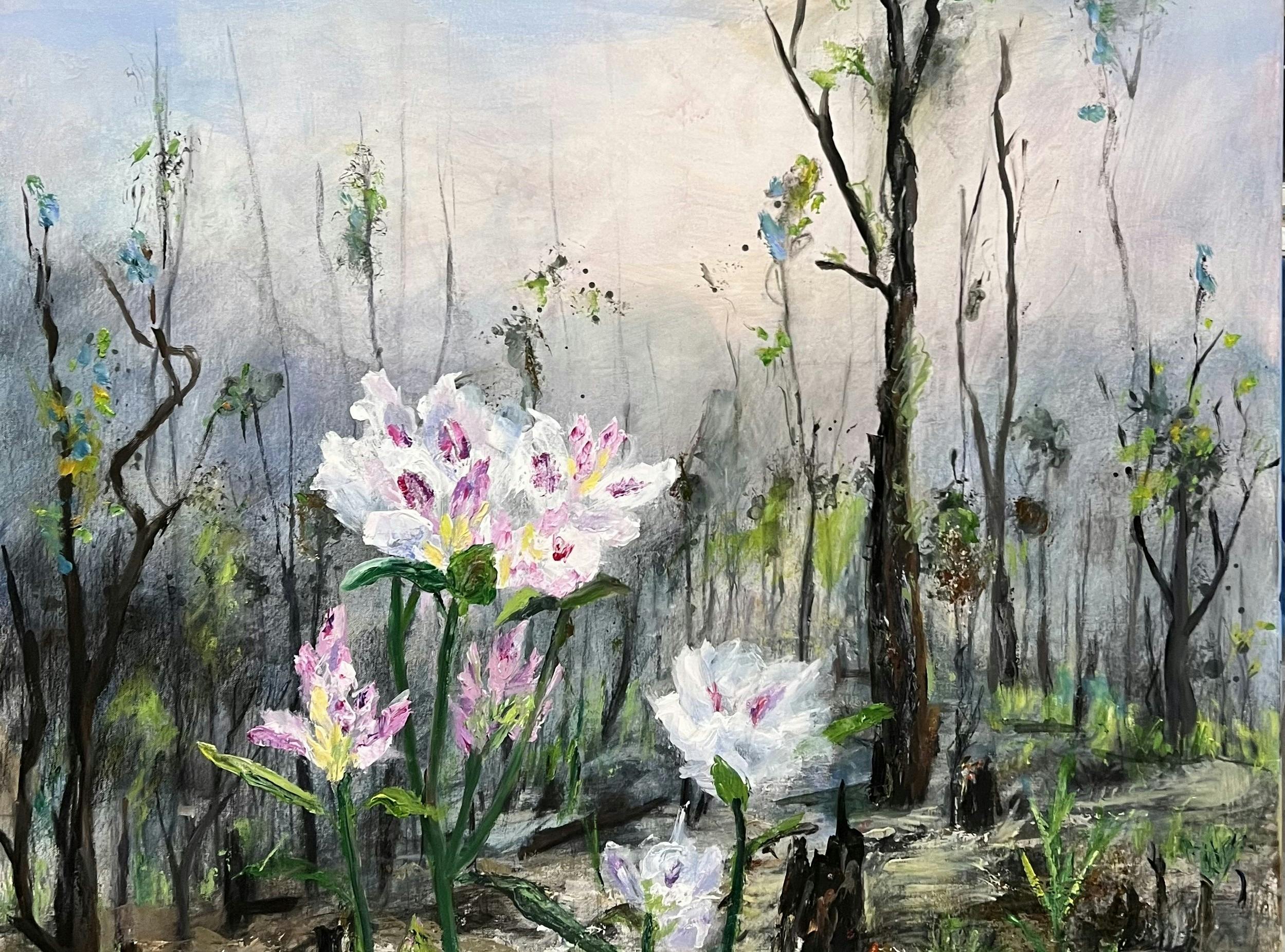 A painting of bushland regenerating after a fire