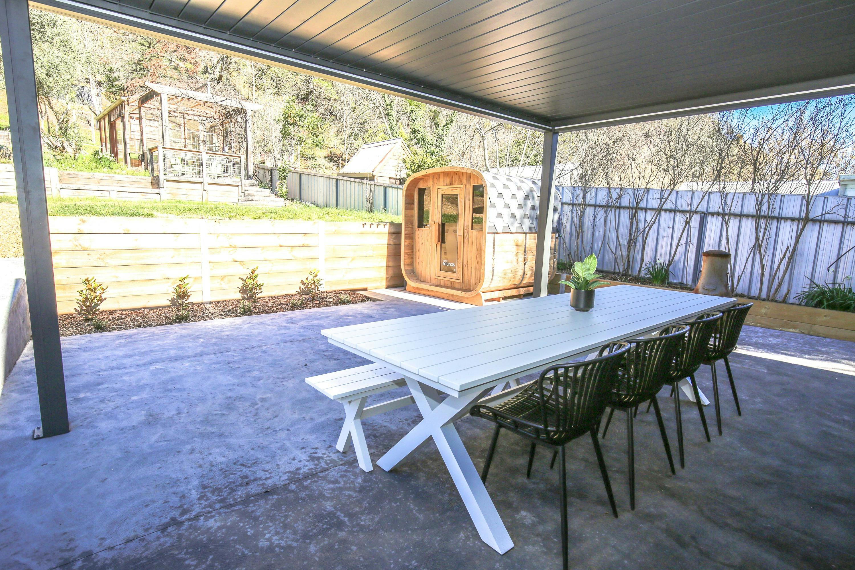 Sauna and outdoor entertaining area with chiminea