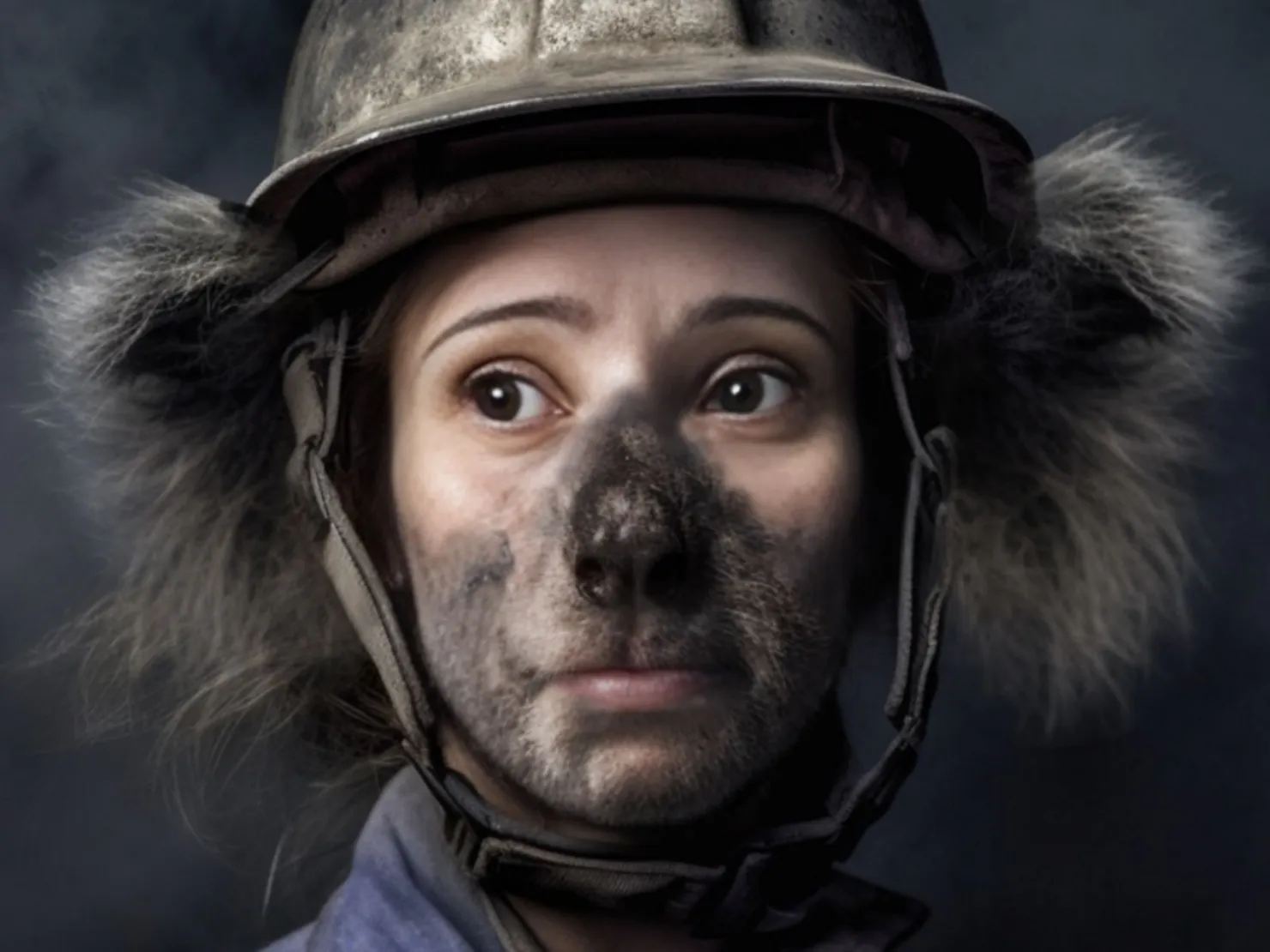 Girl with coal on her face and fluffy ears and a nose to look like a koala