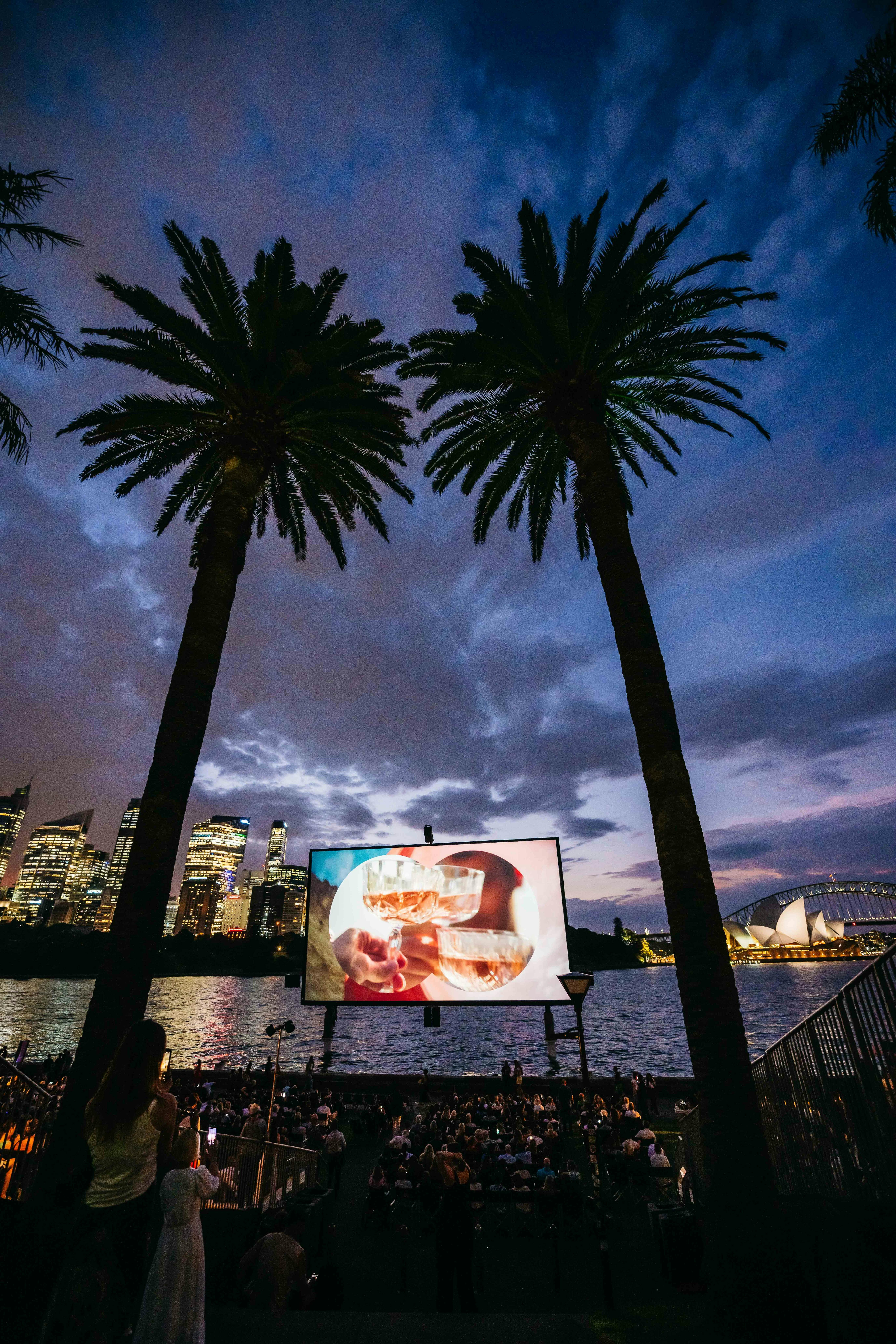 Cinema screen between two palm trees on Sydney Harbour