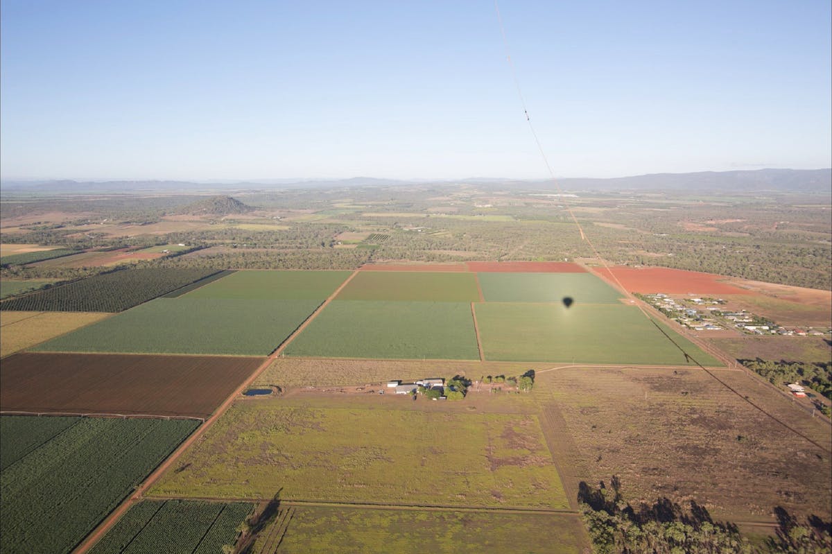 The view overlooking farm land from a hot air balloon ride in Mareeba, Tropical North Queensland.