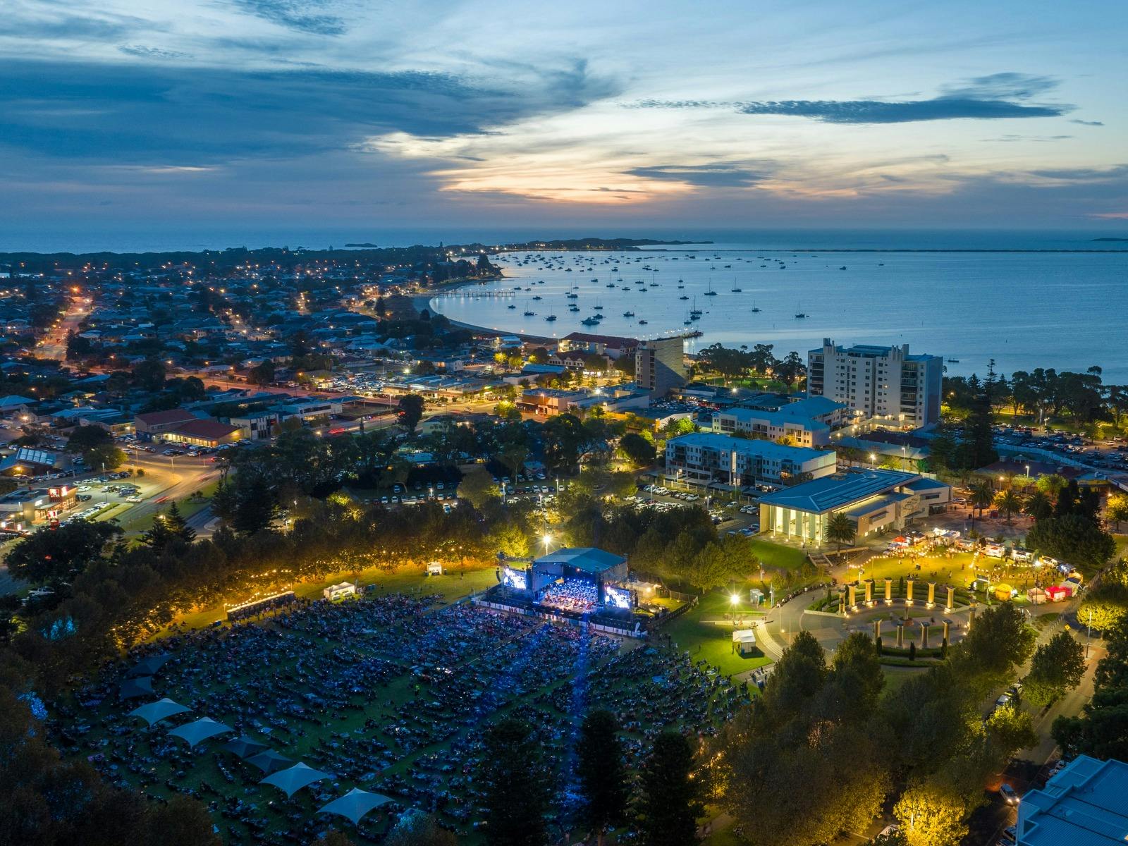 Aerial view of a stage and the beautiful Rockingham coastline behind it