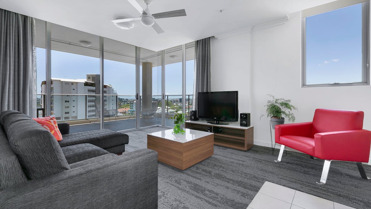 Once Bedroom Apartment featuring kitchenette, laundry facilities and large balcony