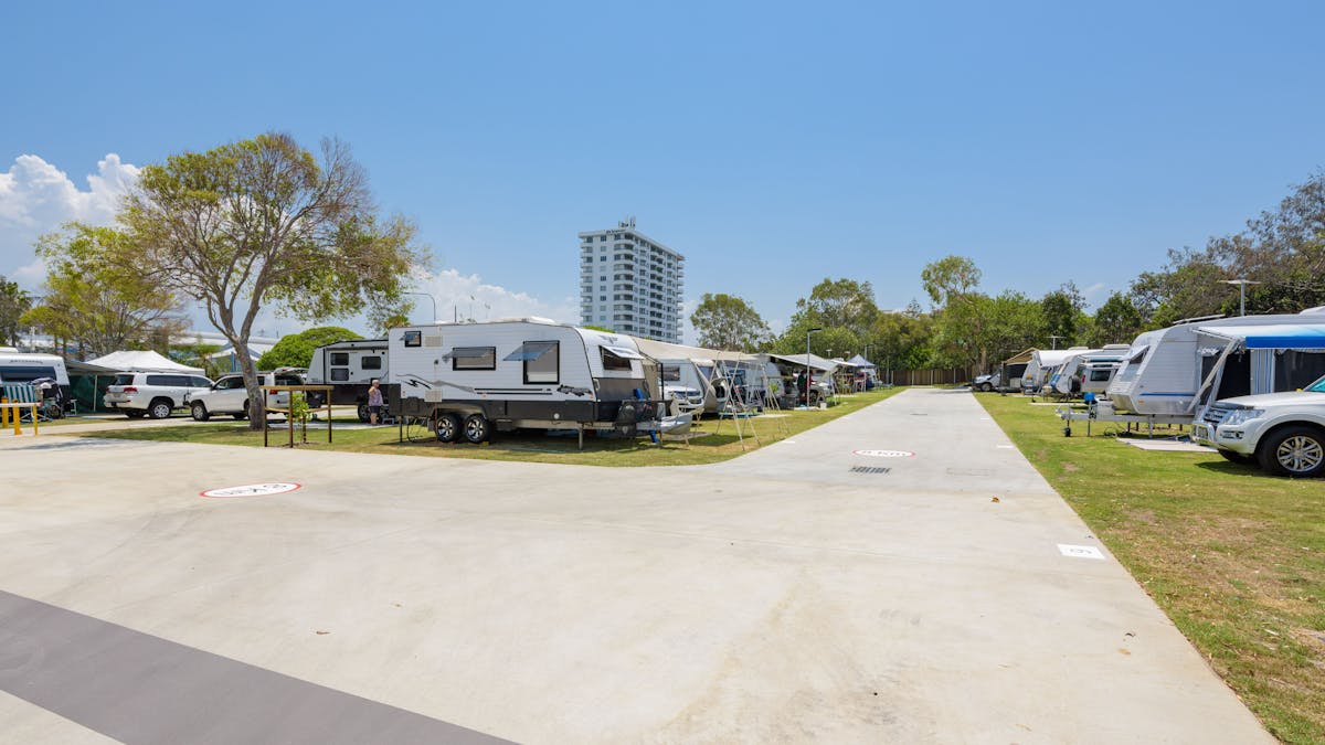Shot of caravan sites and road at Mooloolaba Beach Holiday Park