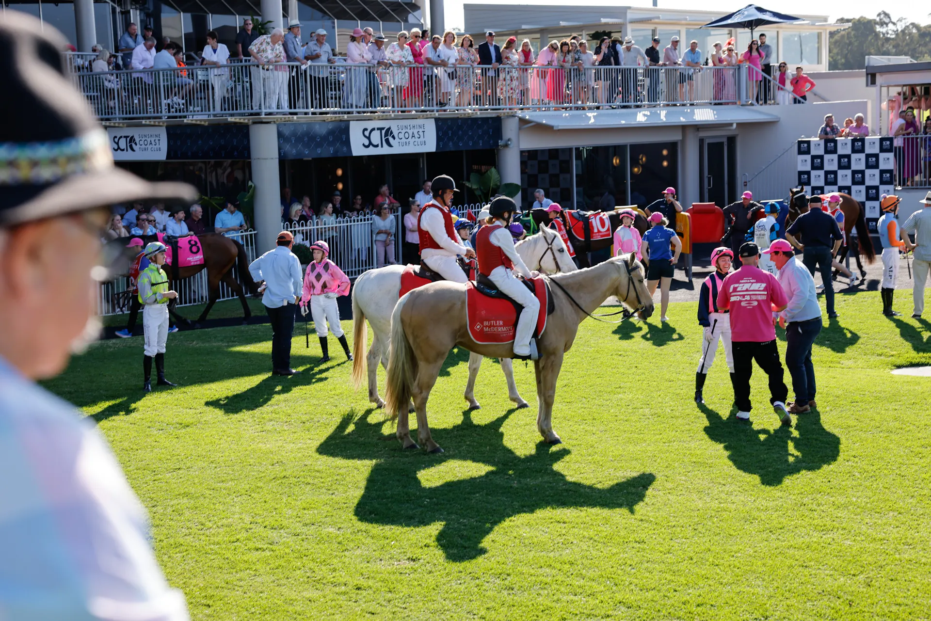 Horses in Mounting yard with people dressed in pink to support NBCF