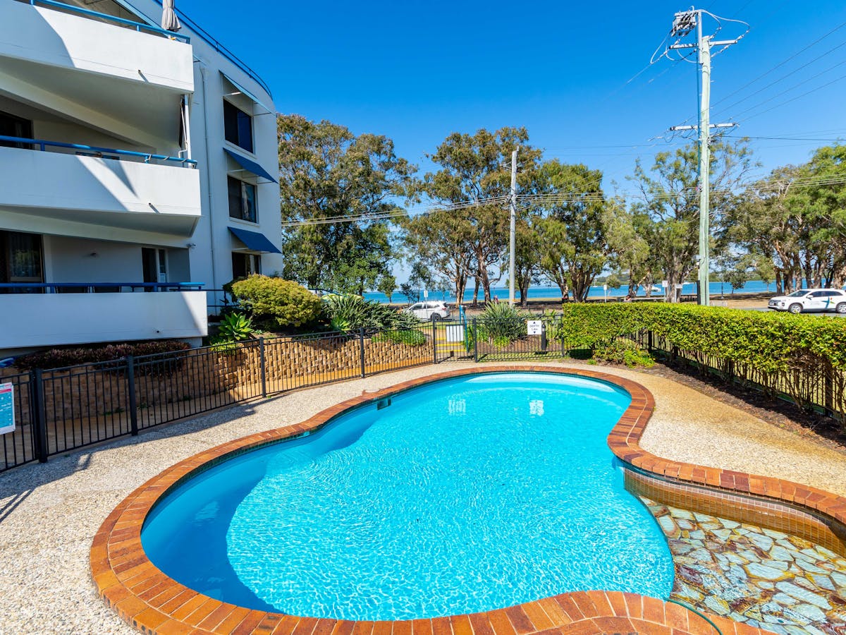 Complex pool with water views