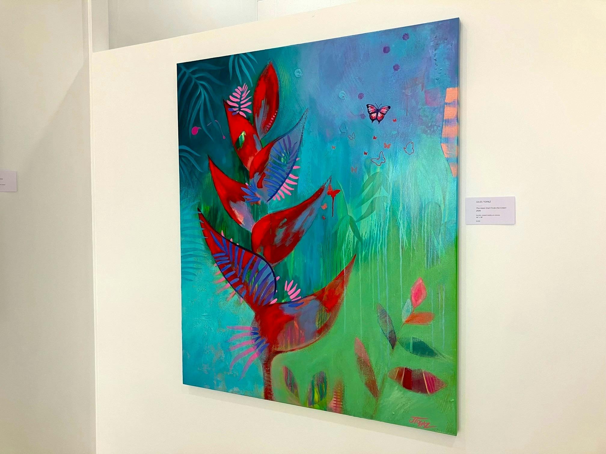 Vibrant, original, tropical abstract artwork displayed on our main gallery walls