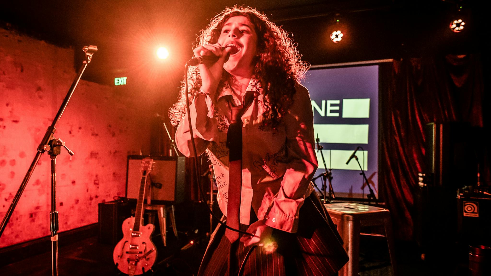 A female signer with long wavey hair leaning forward and singing into a microphone onstage.