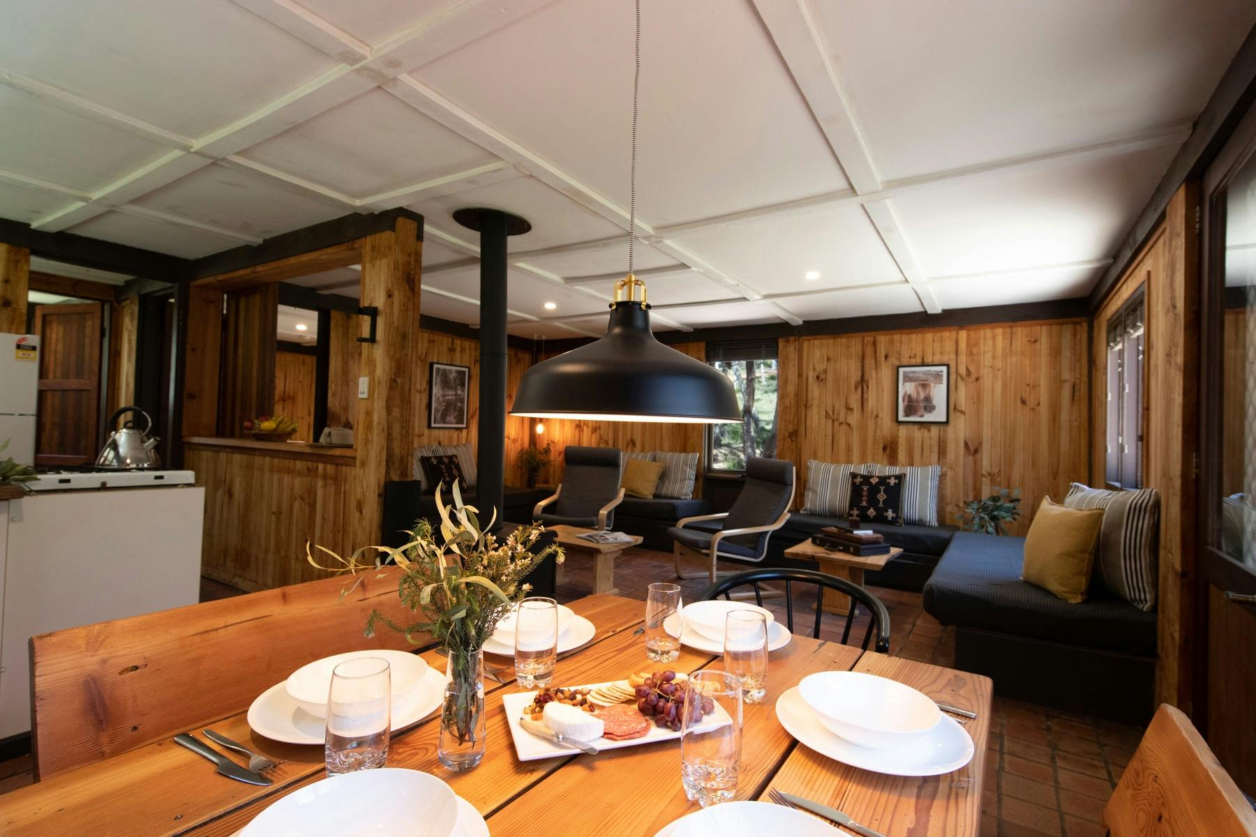 River log cabin living room