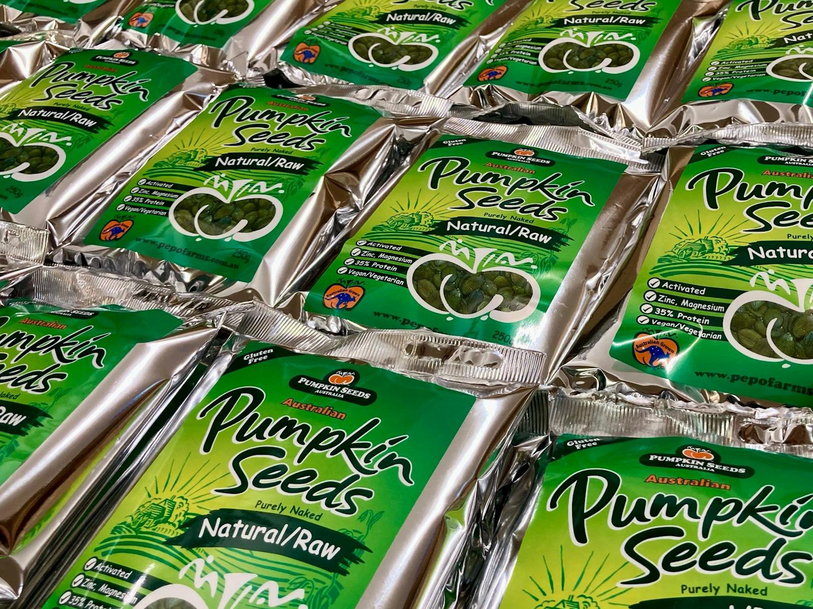 Packets of the only Australian Grown Pumpkin Seeds grown at Pepo Farms