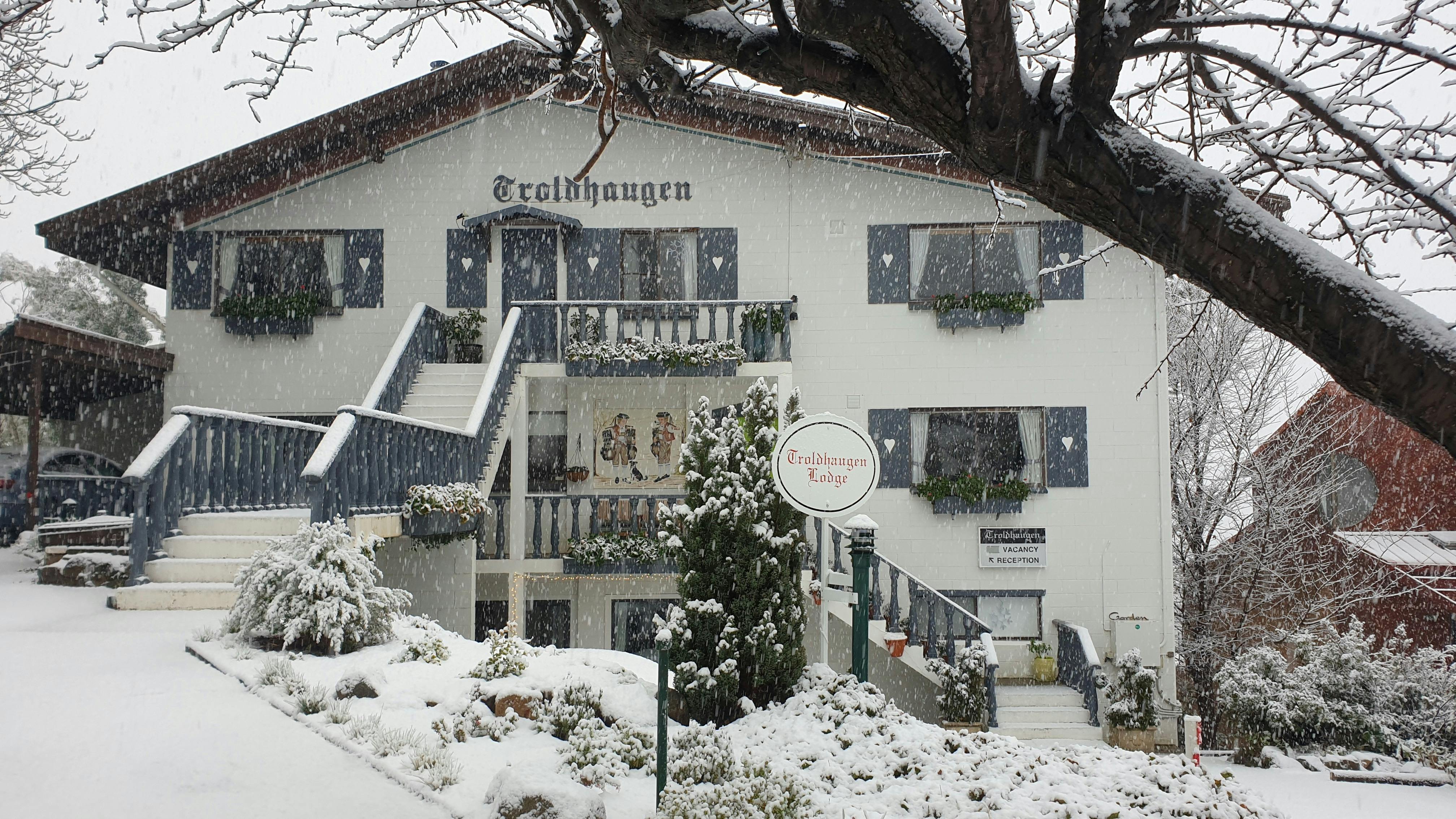 Front of lodge in snow