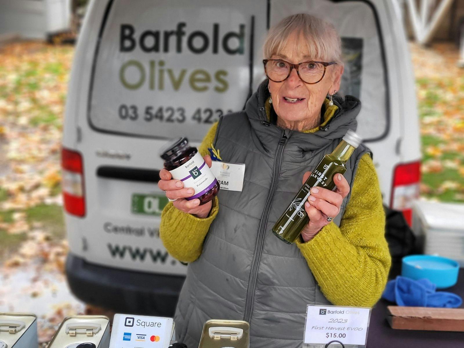 Pam from Barfold Olives holding her 2023 first harvest olive oil