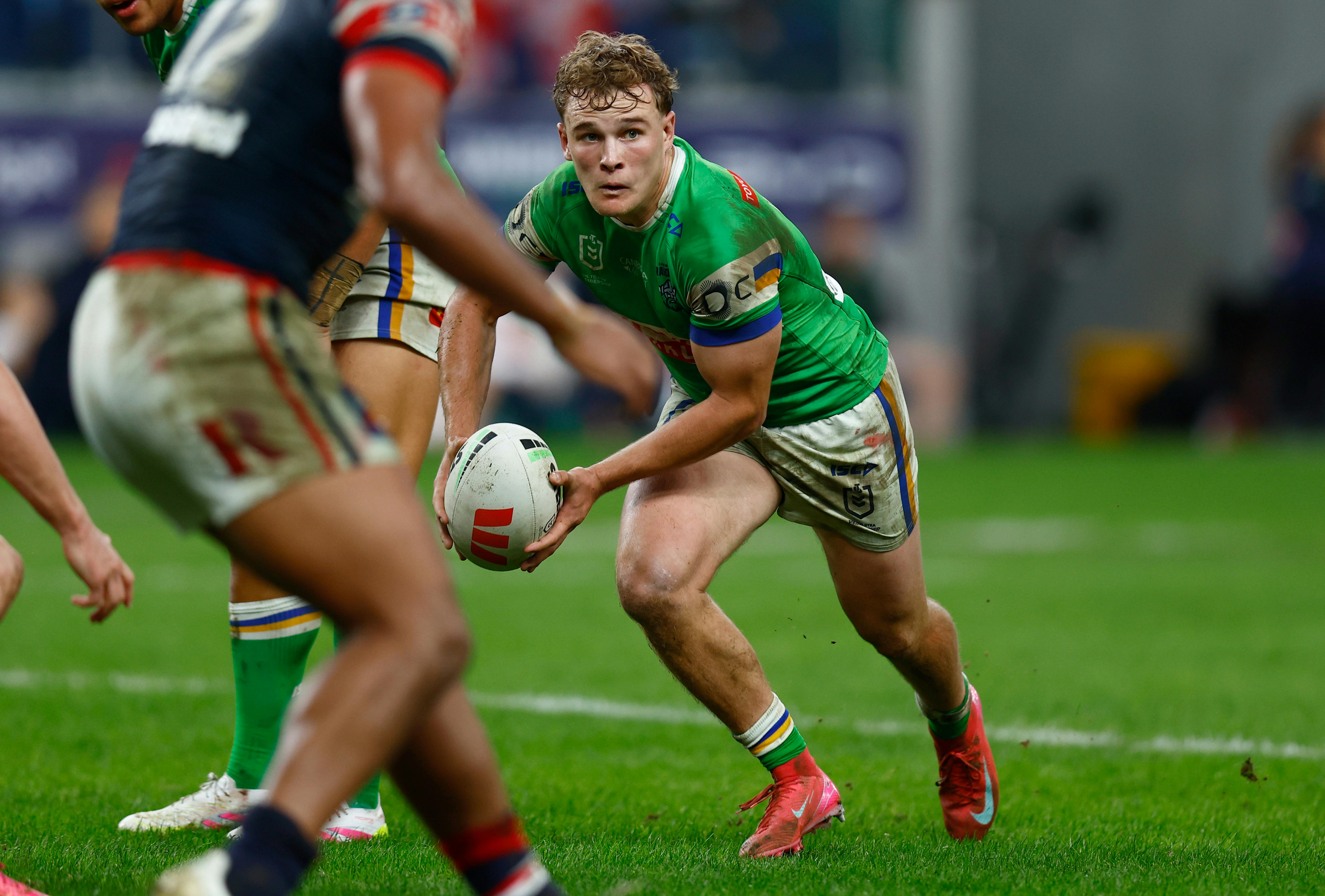 Canberra Raiders player Owen Pattie running the ball.