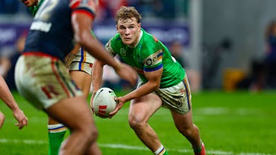 Canberra Raiders player Owen Pattie running the ball.