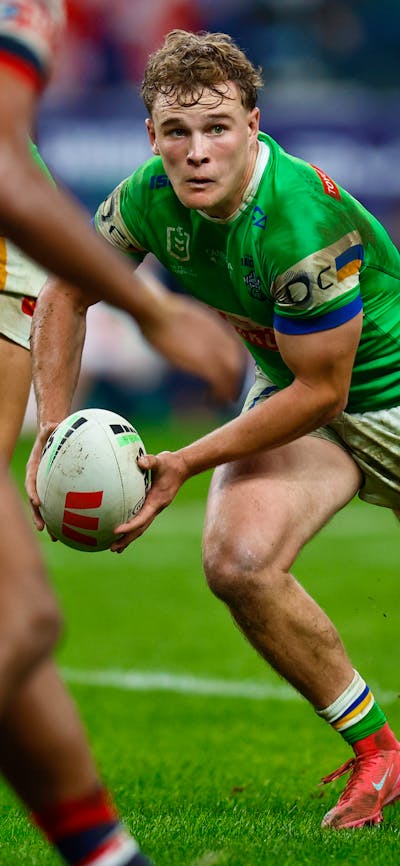Canberra Raiders player Owen Pattie running the ball.