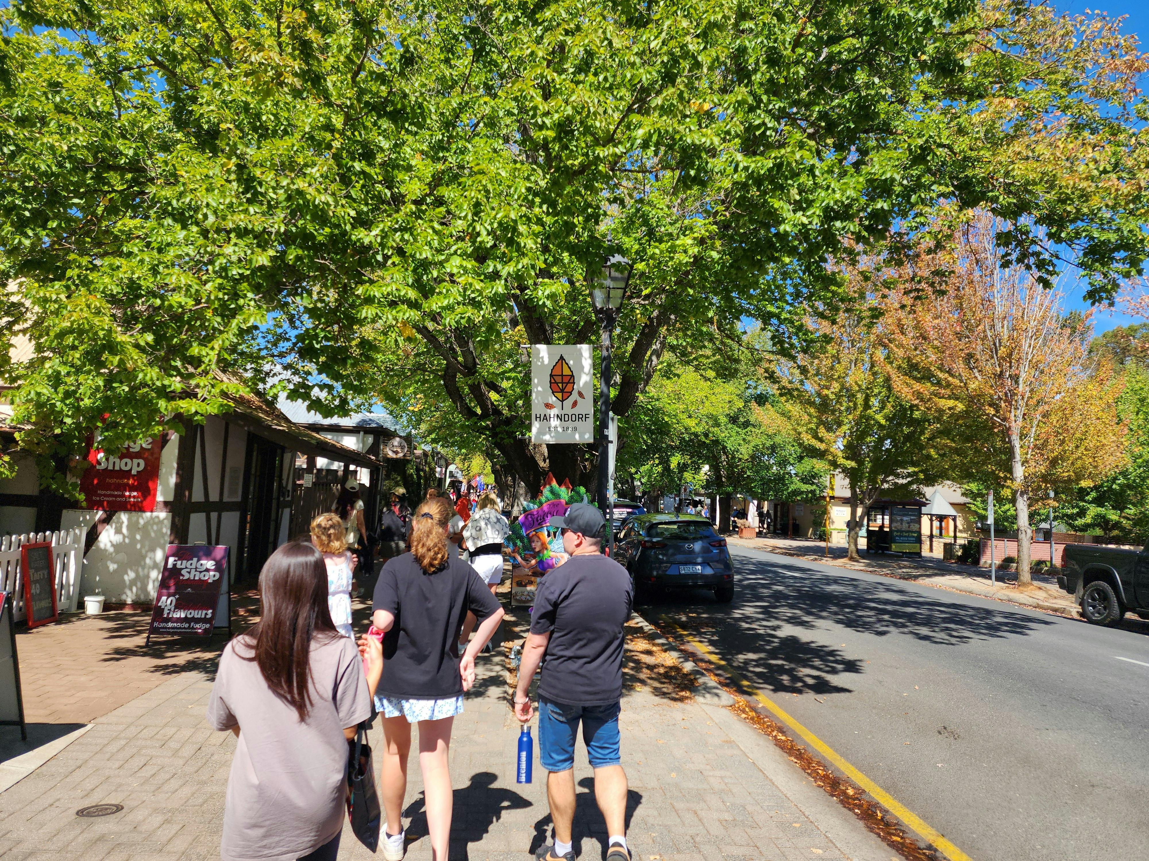 Group walking down Hahndorf Main Street