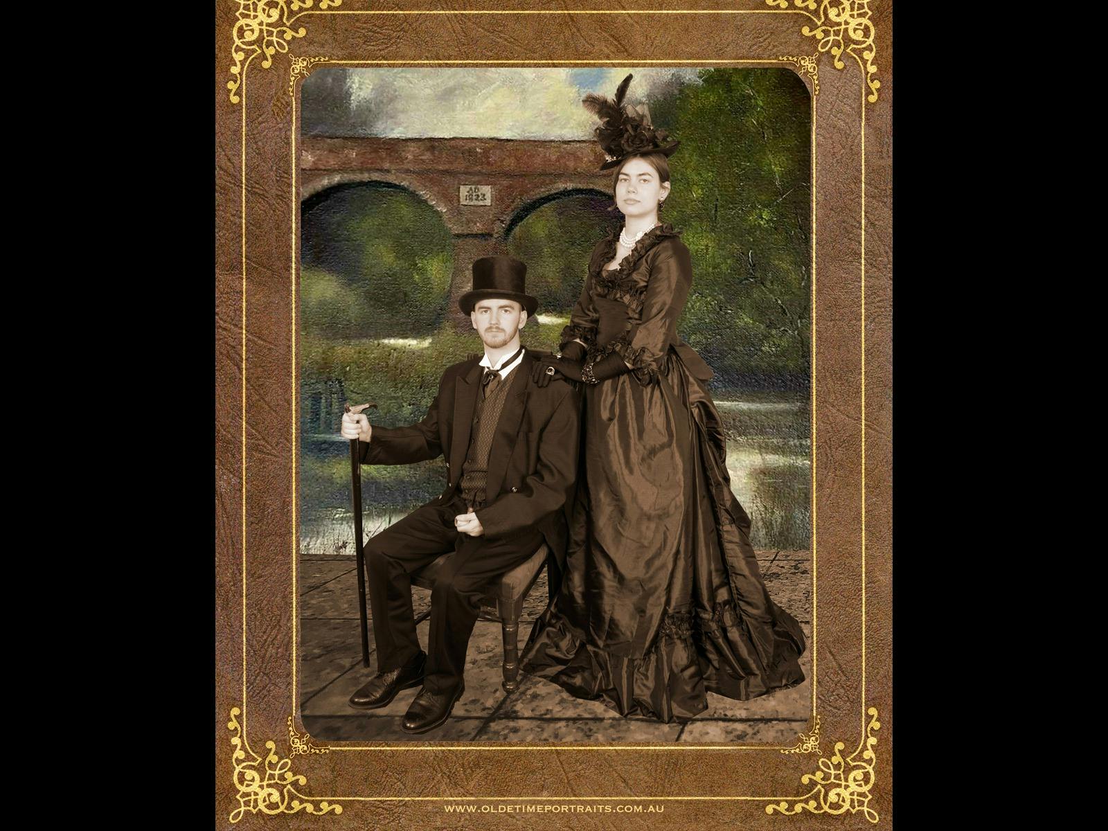 a couple dressed in the Victorian Theme with a background of the Richmond Bridge in Tasmania