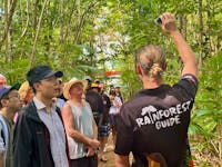 Rainforest Guide holds up Cassowary Plum for guest to see in Daintree Rainforest North of Cairns