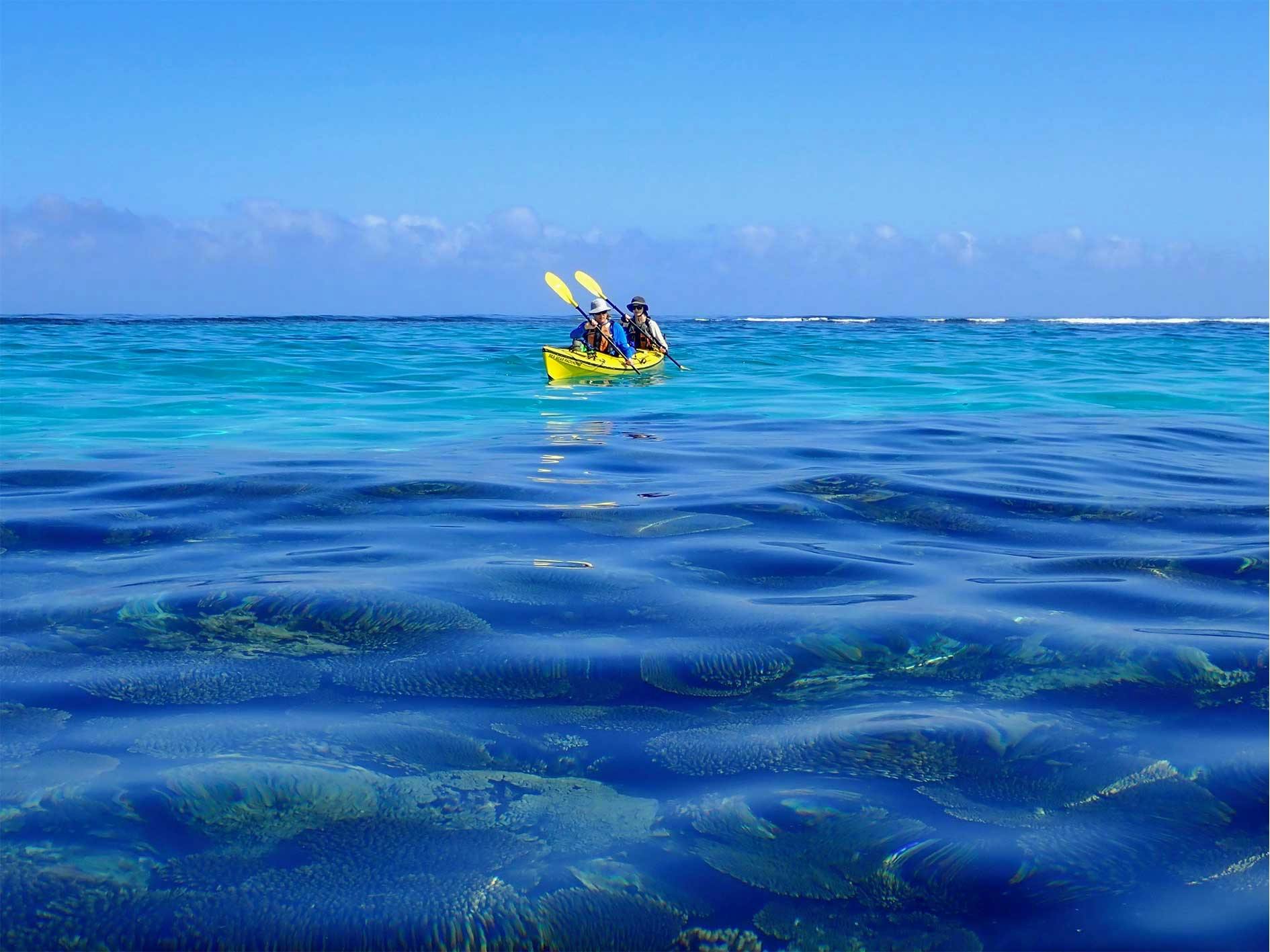 Two people paddle a double sea kayak on turquoise water, with shallow corals in the foreground