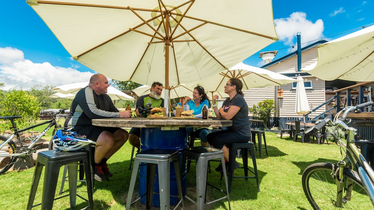 Well deserved lunch break for bike riders at heritage pub