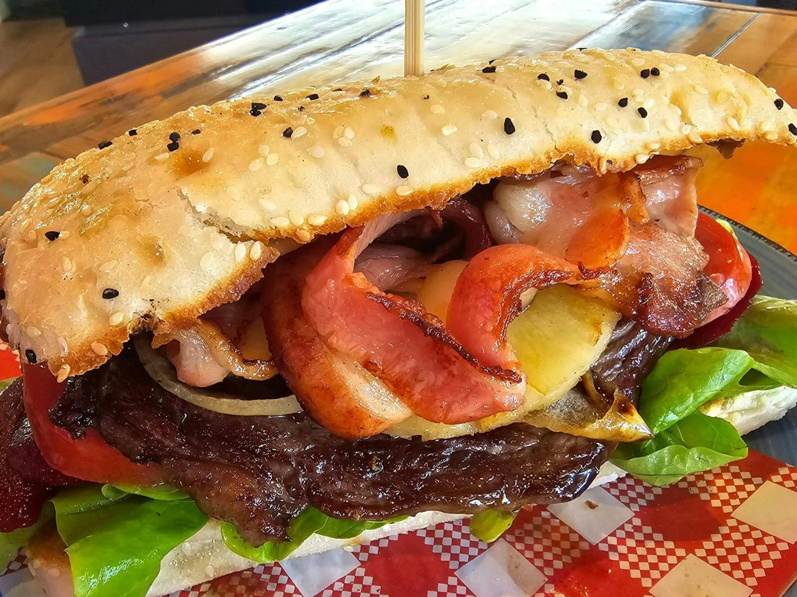 Roasted Kombi indulgent steak sandwich on turkish bread