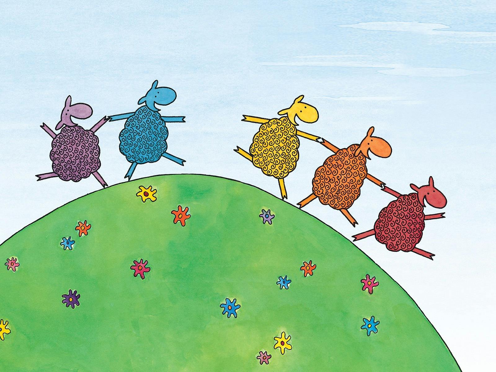 A child like illustraion of different coloured sheep on a hill holding hands