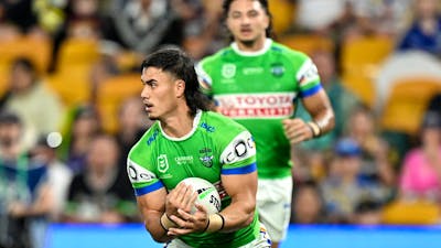 Canberra Raiders player Kaeo Weekes catching the ball.