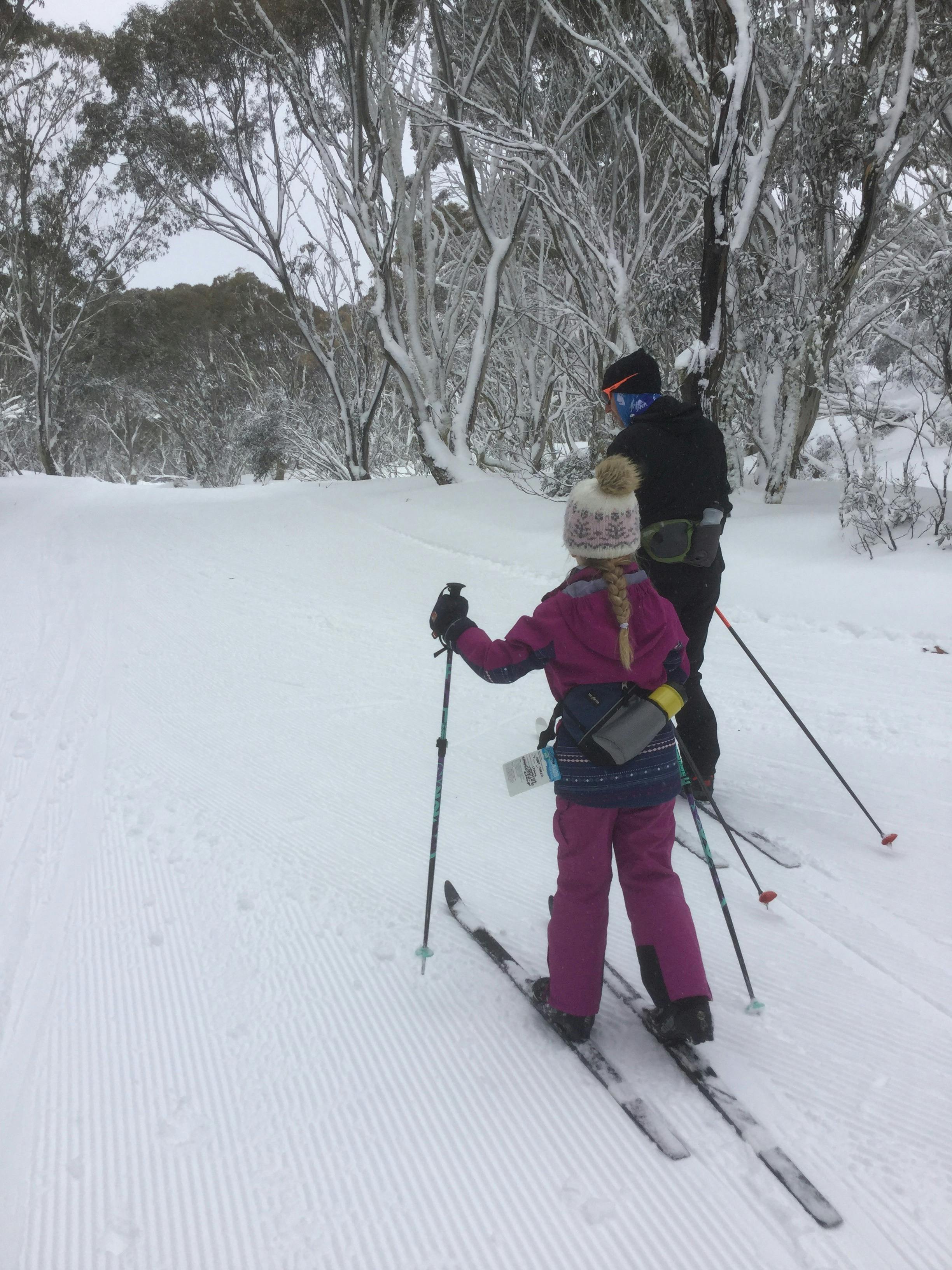 Person and child skiing