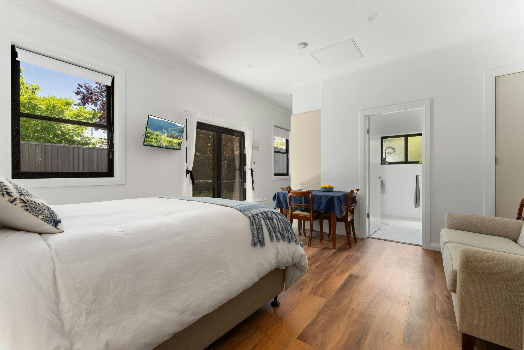 See entrance to kitchen, outside and bathroom