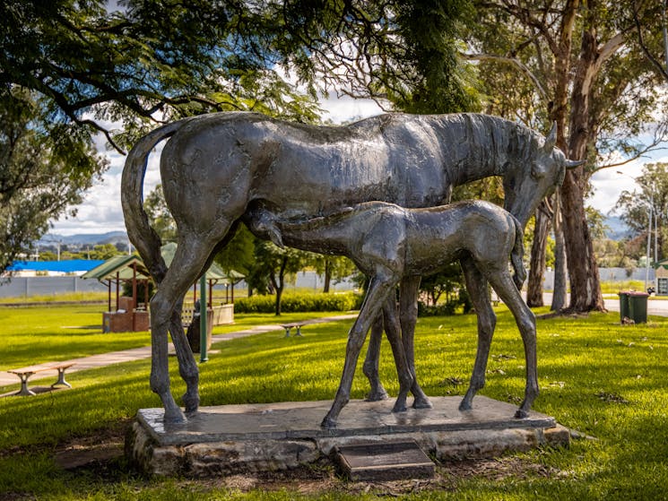 Bronze sculpture of a Mare and Foal in Elizabeth Park in Scone