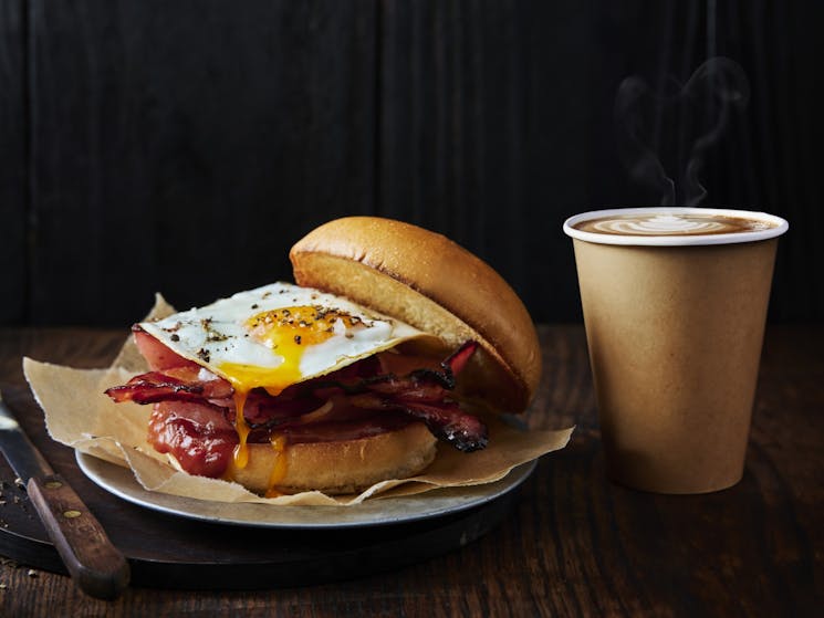 Our signature breakfast combo - Bacon & Egg Roll and coffee