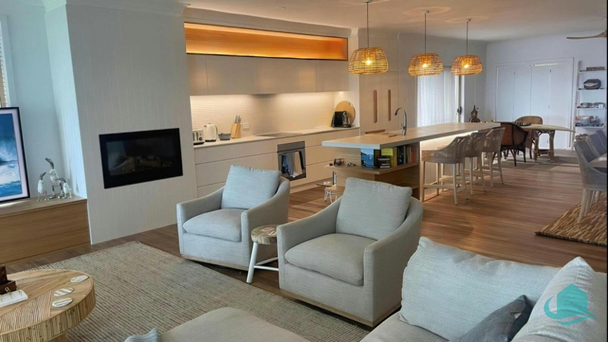 Lounge room and kitchen