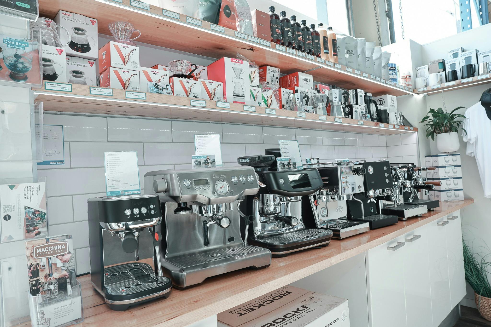 Coffee machines and brewing gear on display at Artisti Coffee Roasters
