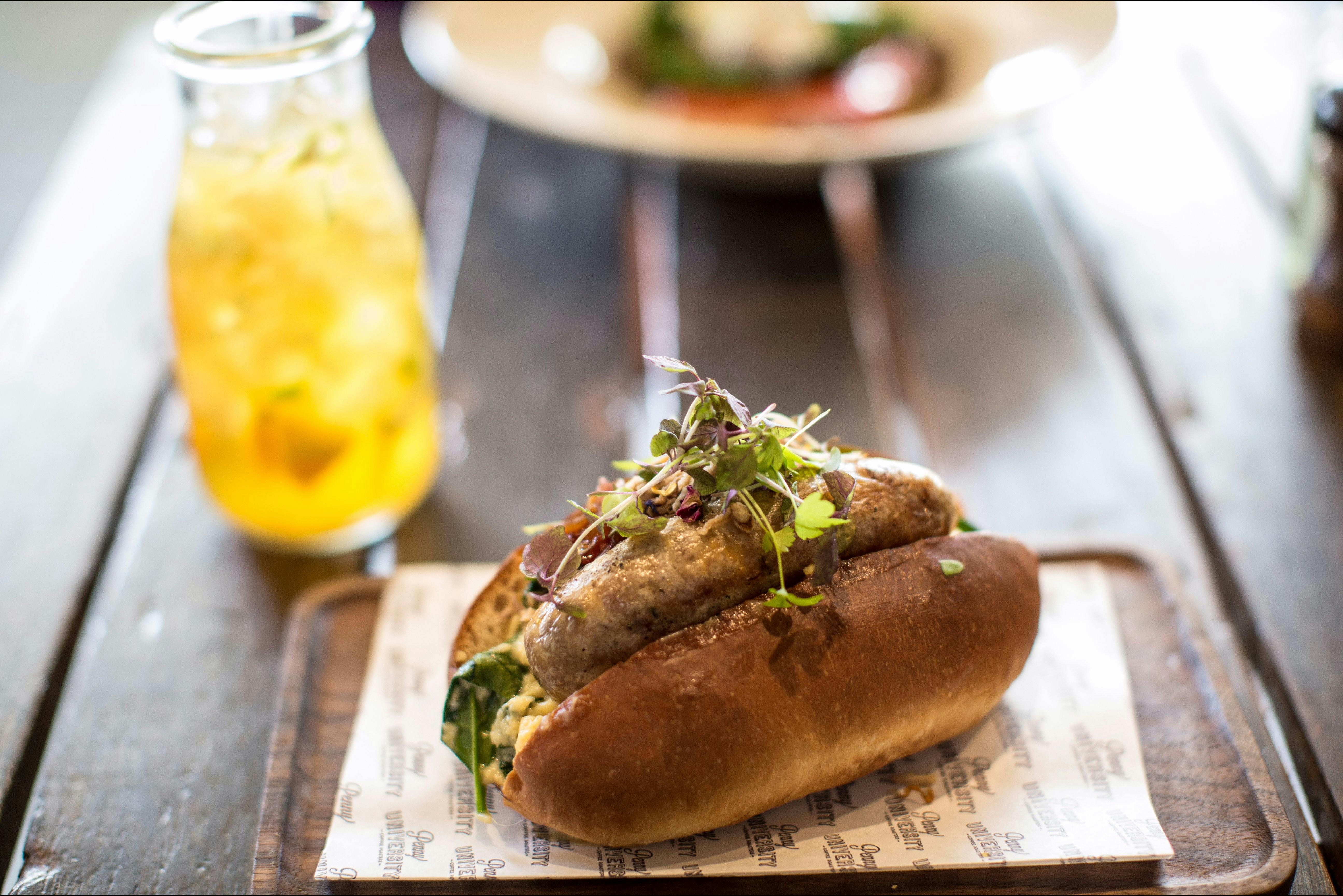 Fancy hot dog and juice