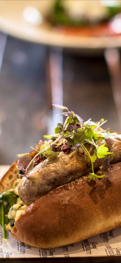 Fancy hot dog and juice