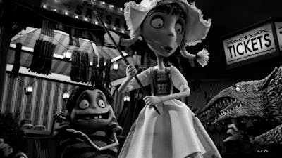 Black and white animation of young girl holding a stick looking fearful
