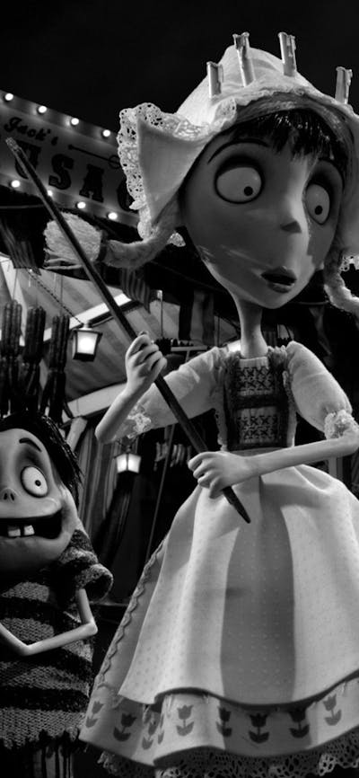 Black and white animation of young girl holding a stick looking fearful