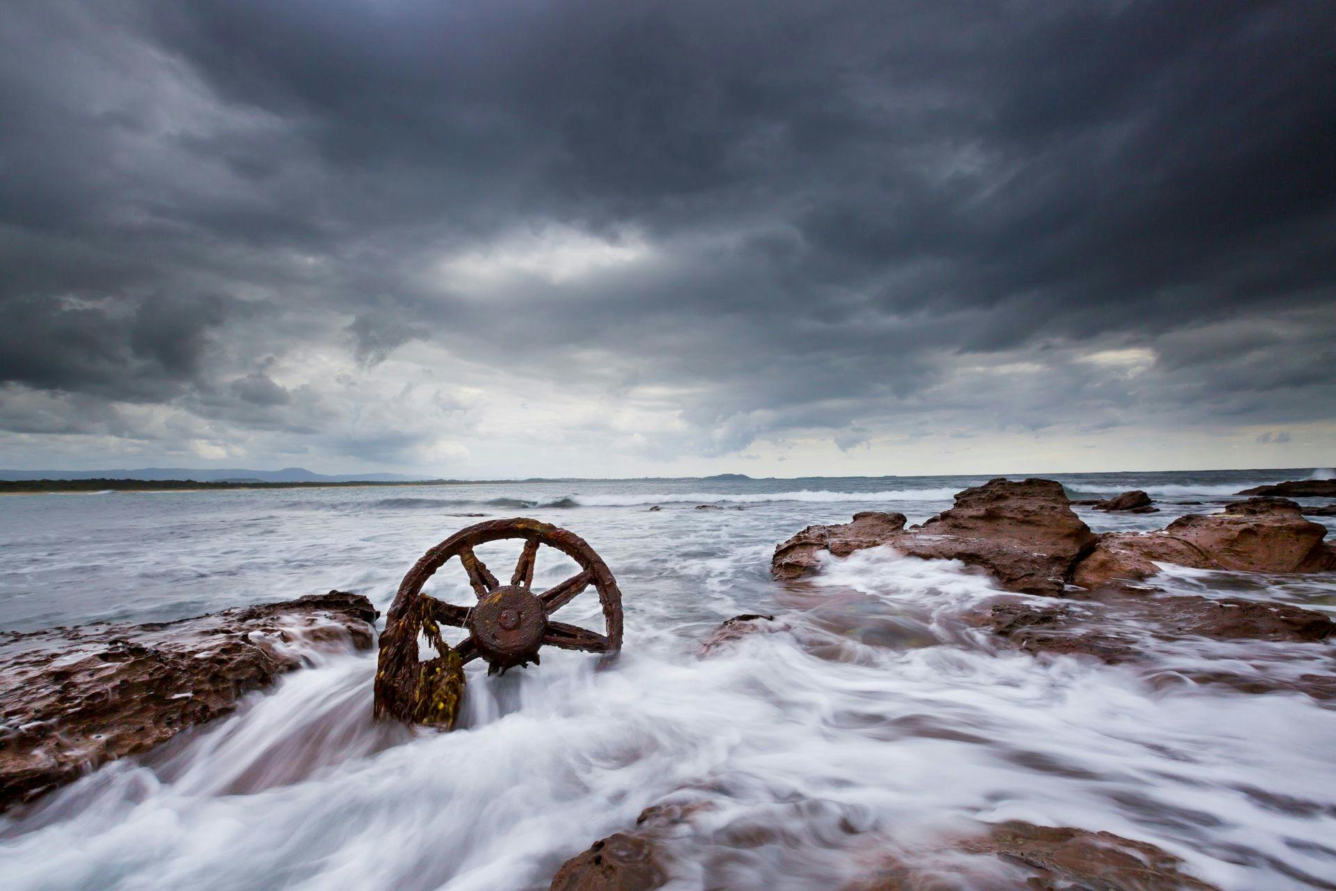 View of Island waters with historic old wheels
