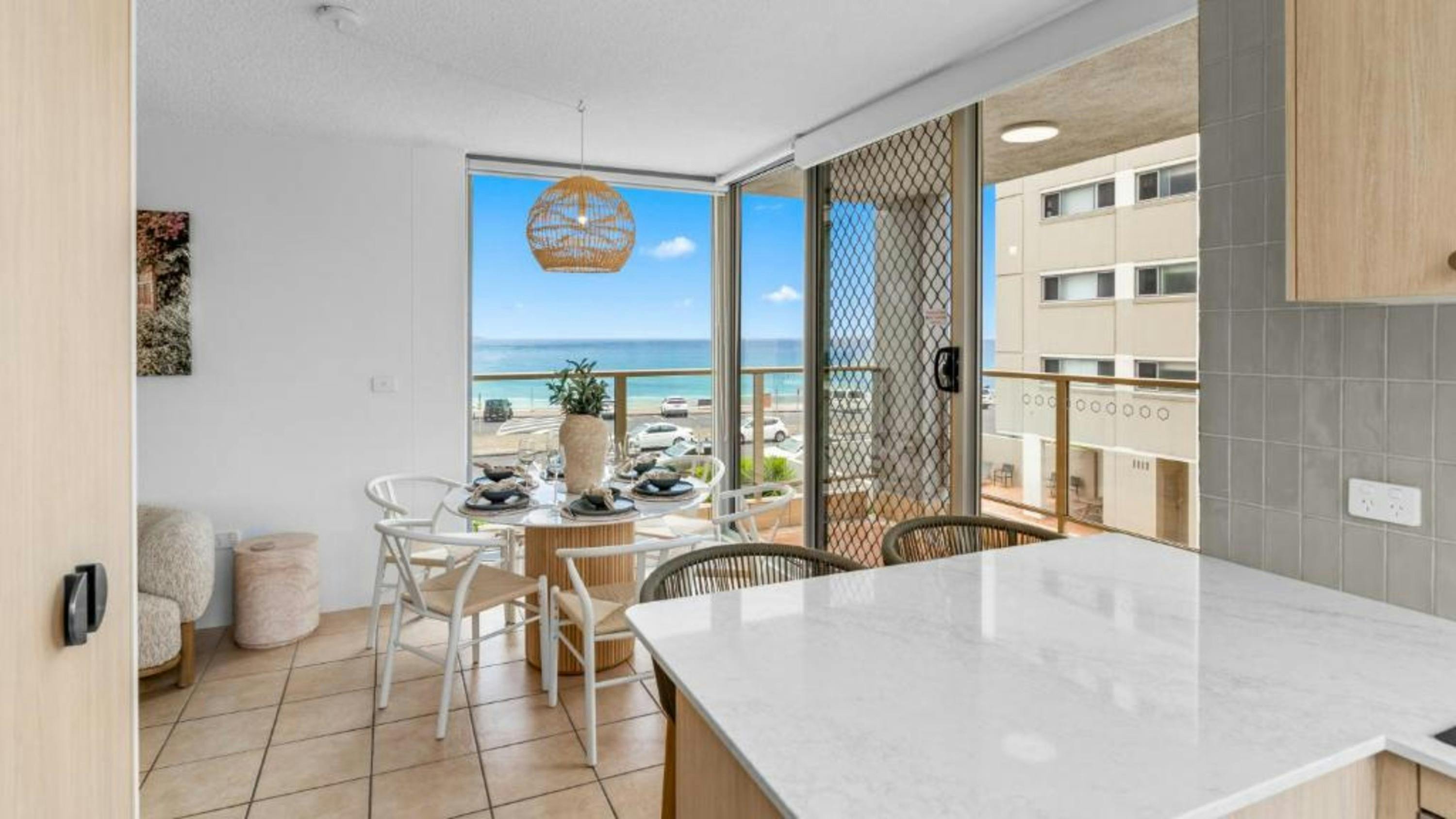 Kitchen and dining with beach view