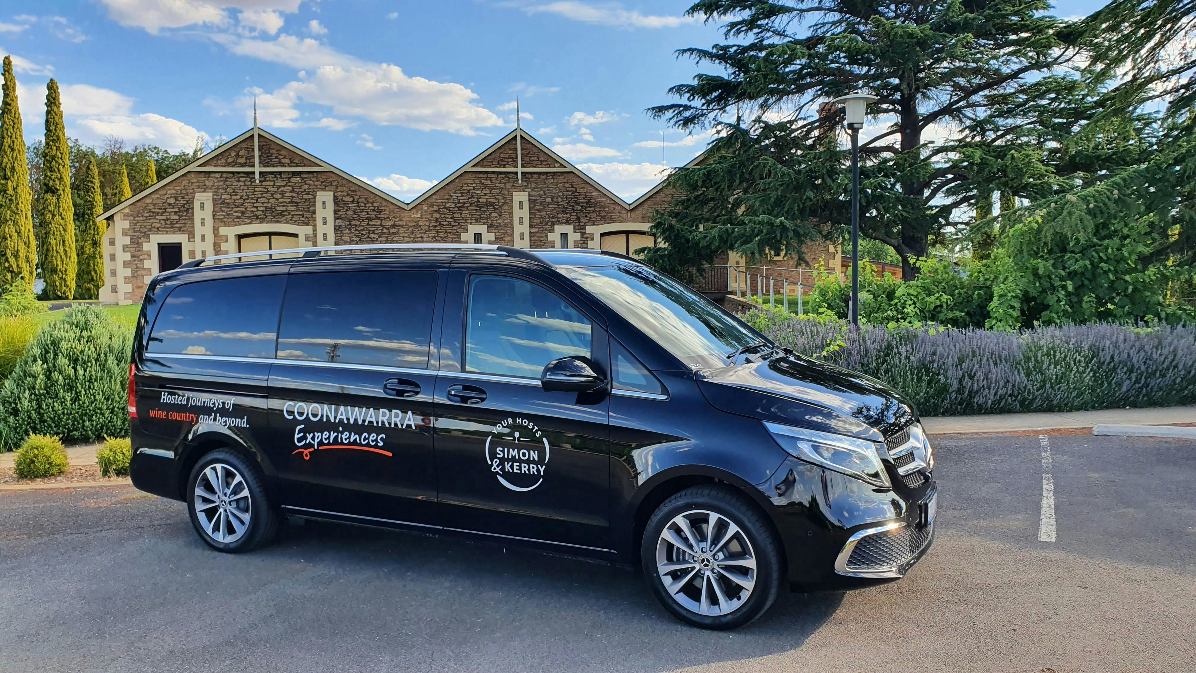 Coonawarra Experiences Mercedes Benz v250d for hire with driver outside Wynns Cooonawarra