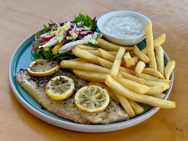 Grilled Fish & Chips - The Lazy George Cafe Marulan NSW