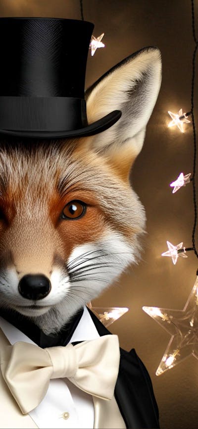Fox in top hat with Christmas lights