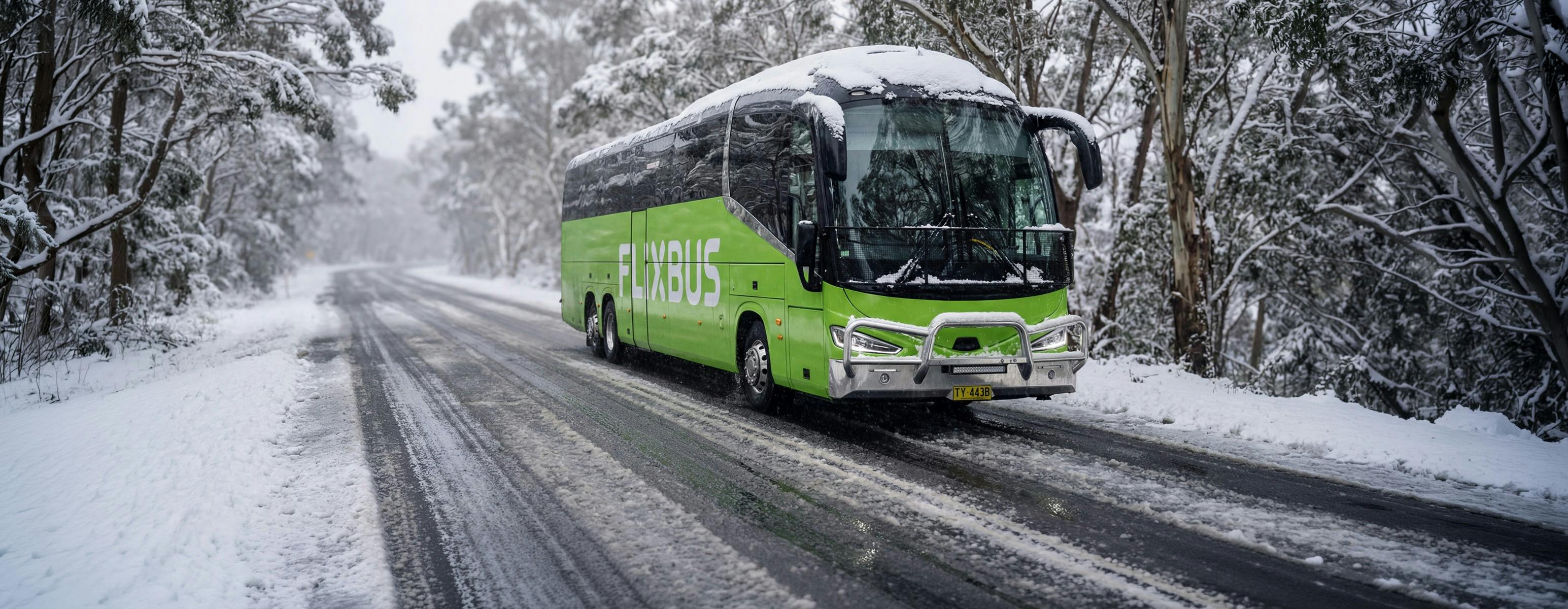 Flixbus on snowy road