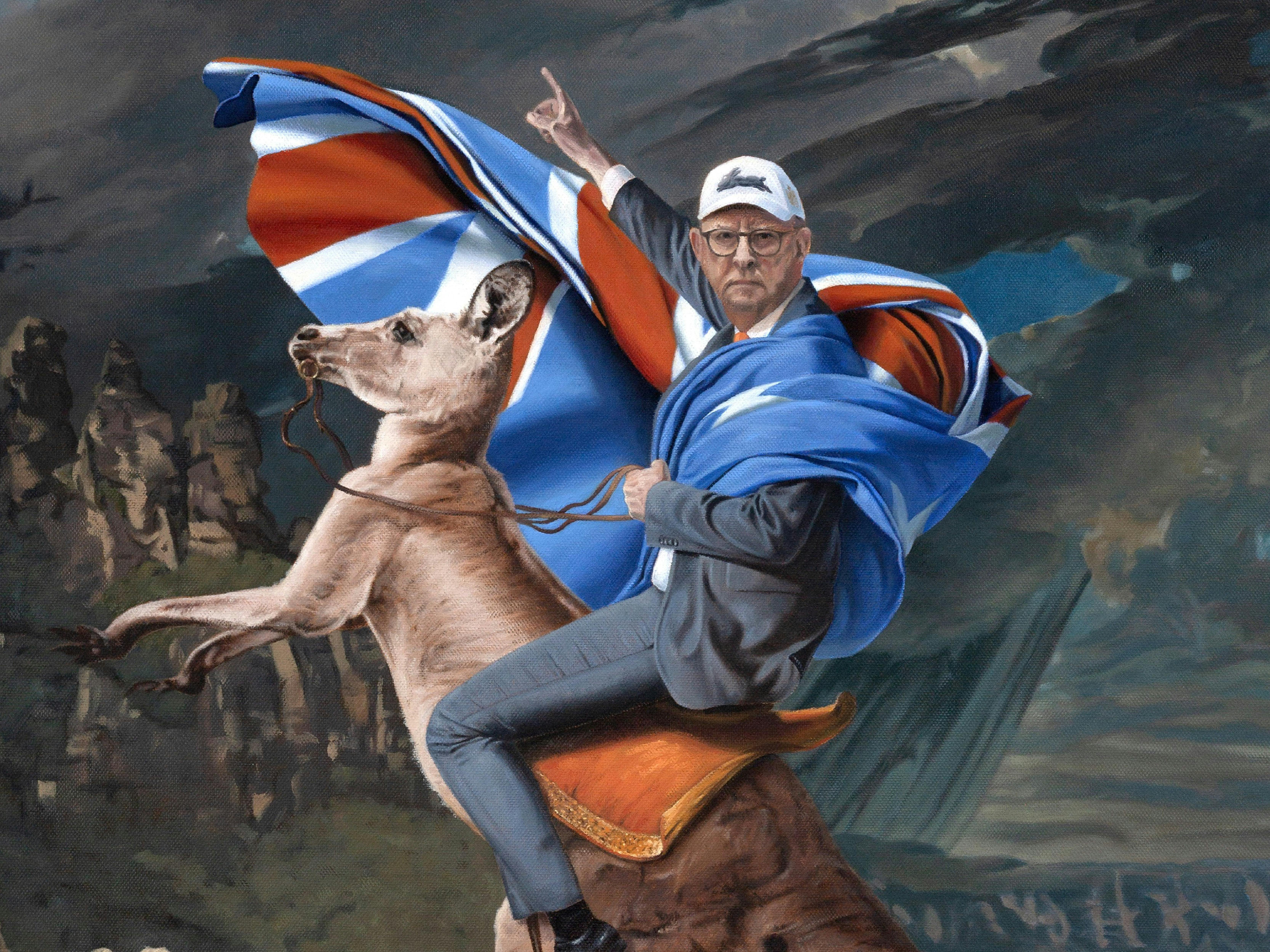A painting of Prime Minister Albanese riding on the back of a kangeroo.