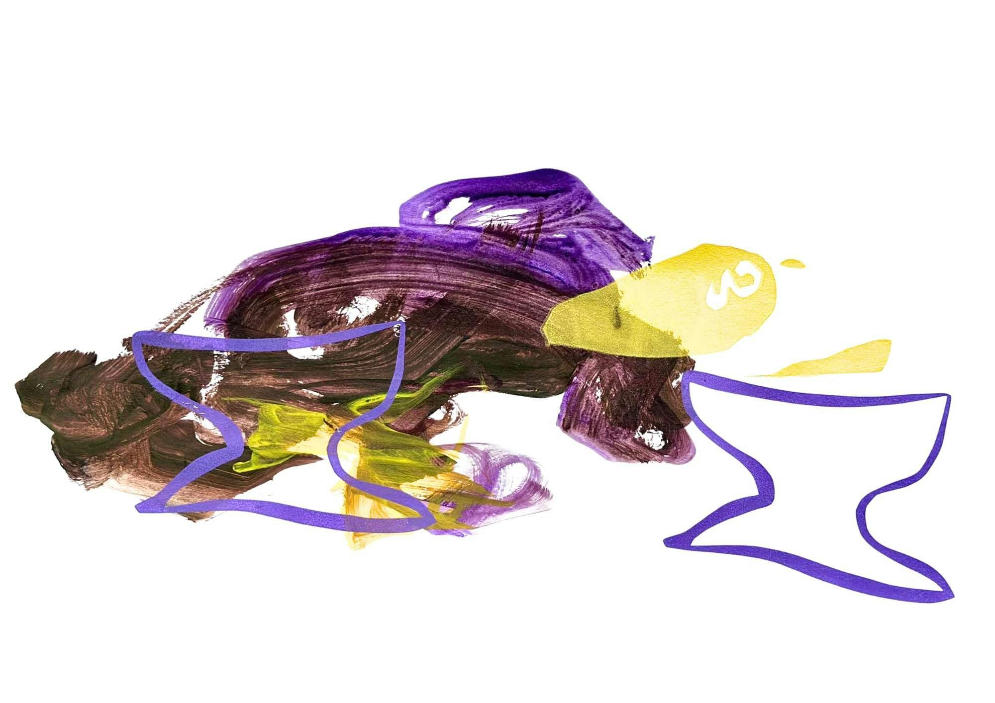 Abstract painting of brush strokes in shades of brown, purple and yellow on a white background.