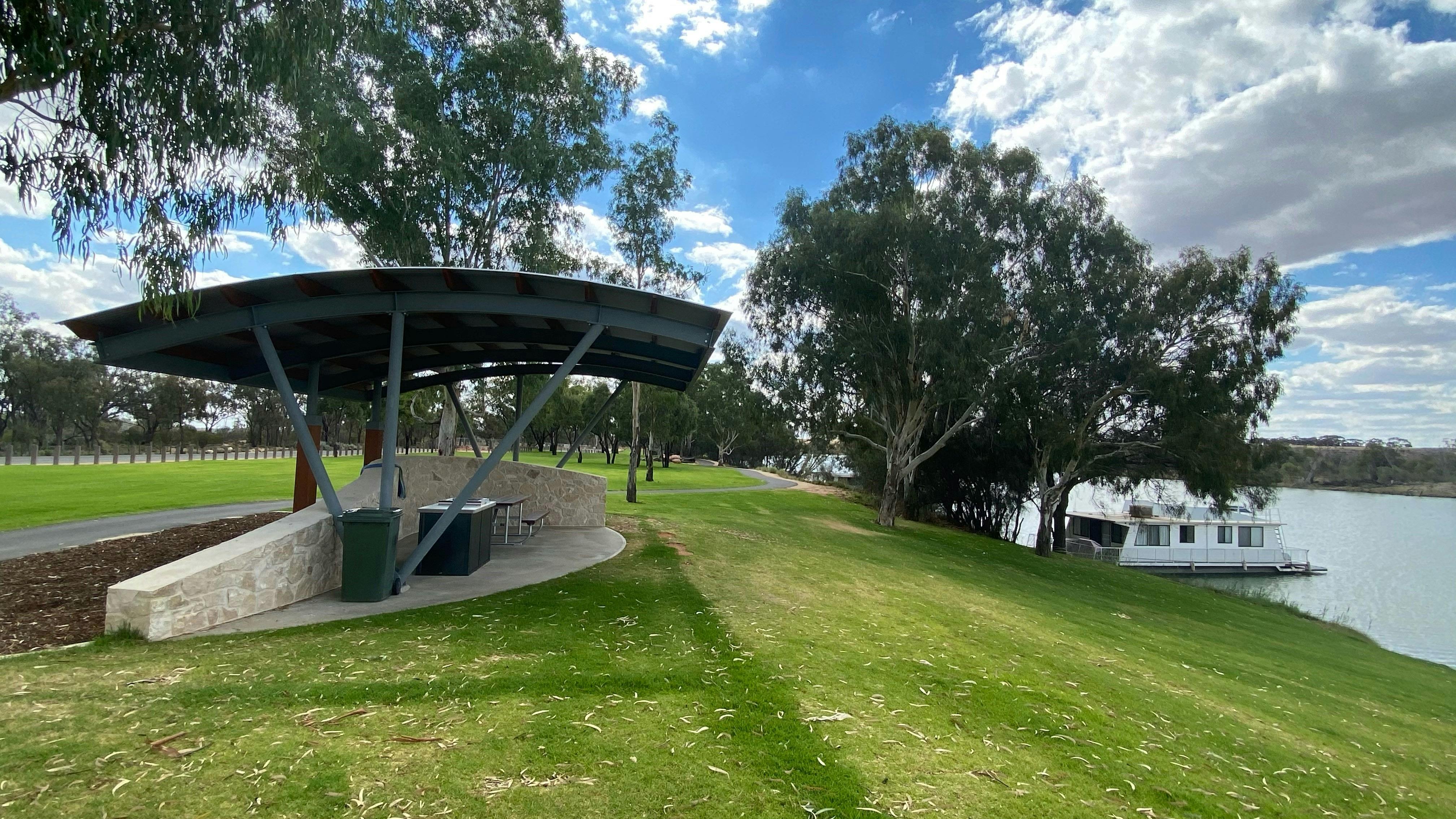 Waik Riverfront shelter and walking path looking west from western end