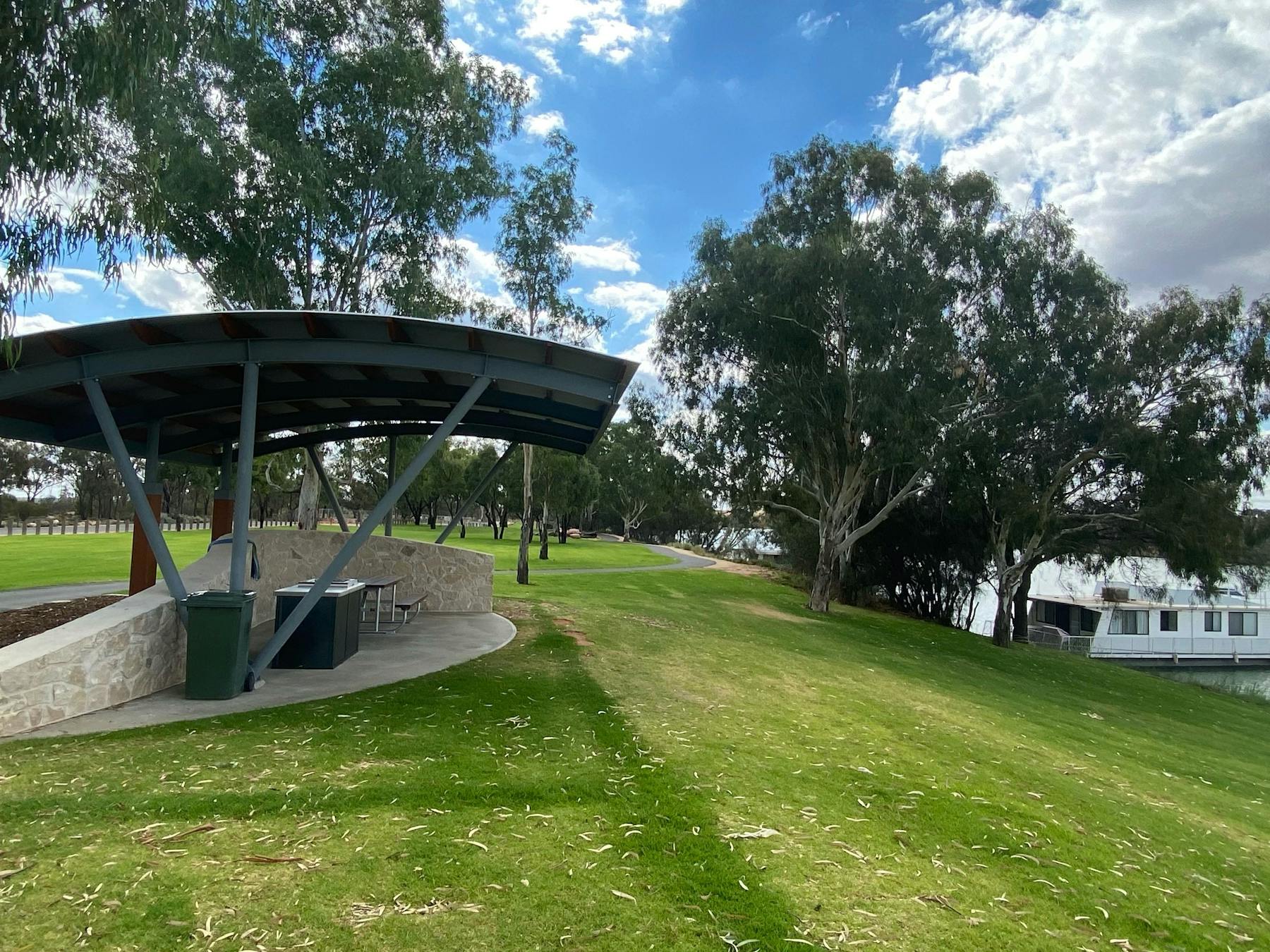 Waik Riverfront shelter and walking path looking west from western end